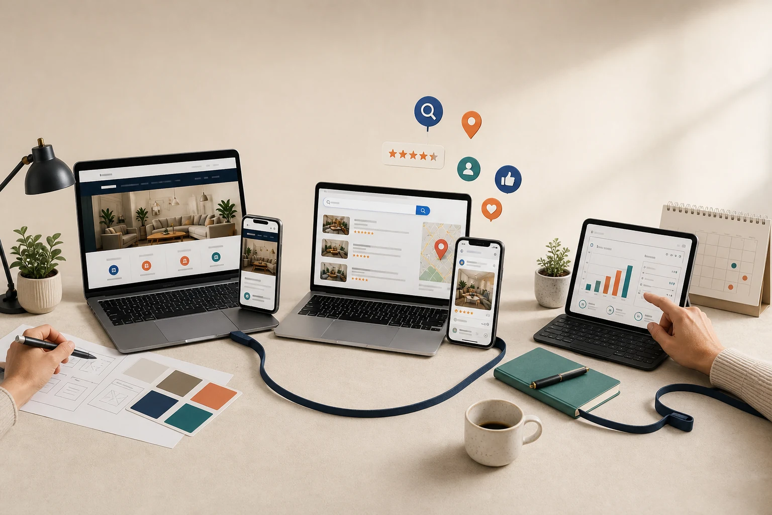 Realistic WebXpert digital growth workspace showing website design, local search and business automation